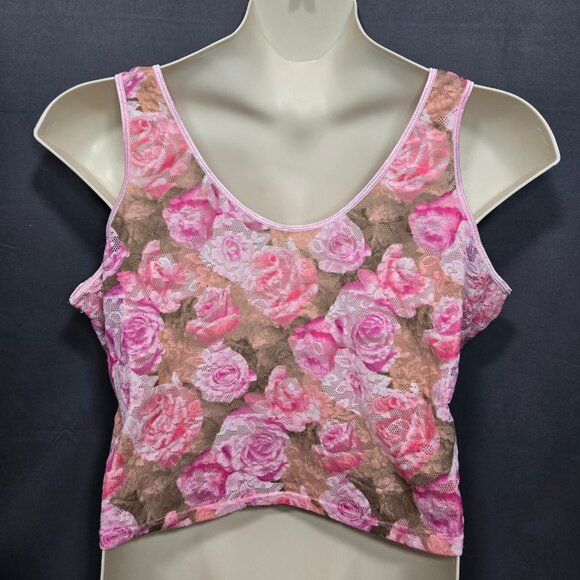 Vintage 90s Sleeveless Lace mesh Lingerie Top Womens Size 3X Pink Rose Print - Picture 6 of 8
